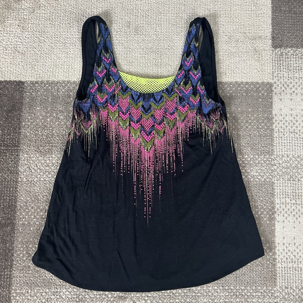 Y2K Miss Me Embellished Top‎ Festival EDM Neon Women's Size Small Black Colorful